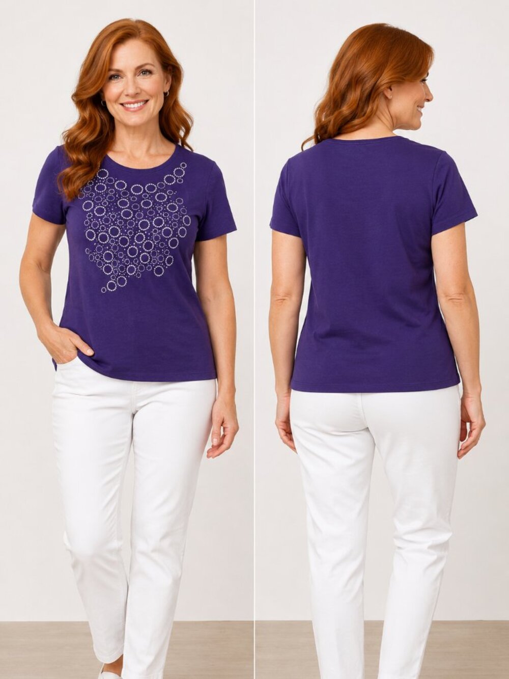 Coral Bay Petite Purple Embellished T-Shirt PM Short Sleeve Cotton Blend Top